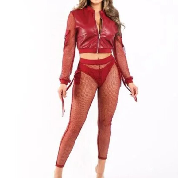Long Sleeve High Waist Fishnet Faux Leather Zip-Up Two-Piece Set
New - Picture 1 of 4